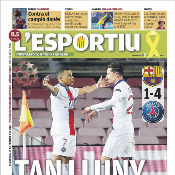 Kylian Mbappé en couverture de magazines de sport espagnols. Auteur d'un triplé le mardi 16 février 2021 face au Barça, Kylian Mbappé a réalisé sa plus belle performance européenne depuis son arrivée au PSG, lors des 8ème de finale aller de la Ligue des champions.