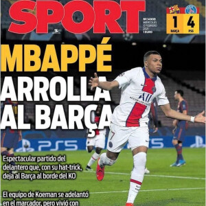 Kylian Mbappé en couverture de magazines de sport espagnols. Auteur d'un triplé le mardi 16 février 2021 face au Barça, Kylian Mbappé a réalisé sa plus belle performance européenne depuis son arrivée au PSG, lors des 8ème de finale aller de la Ligue des champions.