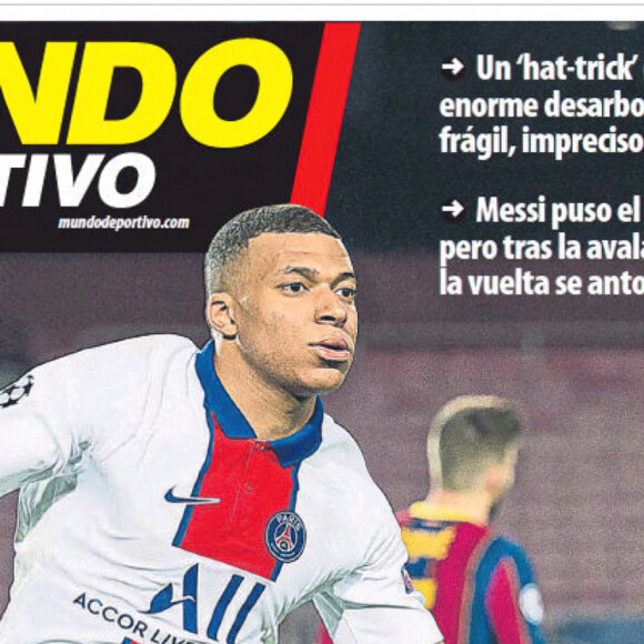 Kylian Mbappé en couverture de magazines de sport espagnols. Auteur d'un triplé le mardi 16 février 2021 face au Barça, Kylian Mbappé a réalisé sa plus belle performance européenne depuis son arrivée au PSG, lors des 8ème de finale aller de la Ligue des champions.