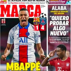Kylian Mbappé en couverture de magazines de sport espagnols. Auteur d'un triplé face au Barça, Kylian Mbappé a réalisé sa plus belle performance européenne depuis son arrivée au PSG, lors des 8ème de finale aller de la Ligue des champions.