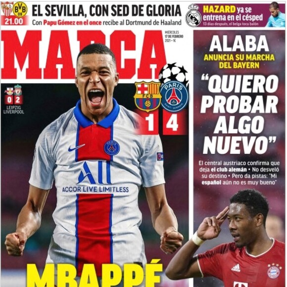 Kylian Mbappé en couverture de magazines de sport espagnols. Auteur d'un triplé face au Barça, Kylian Mbappé a réalisé sa plus belle performance européenne depuis son arrivée au PSG, lors des 8ème de finale aller de la Ligue des champions.