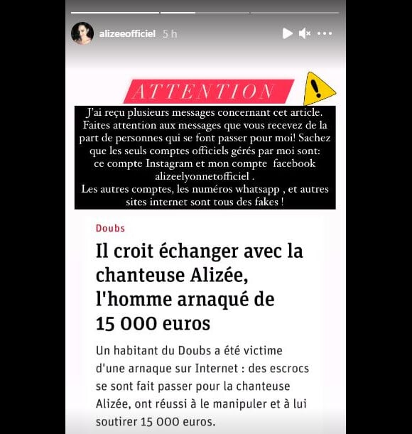 Alizée a posté ce message en story Instagram suite à l'arnaque dont un fan a été victime.