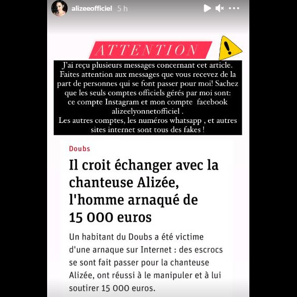 Alizée a posté ce message en story Instagram suite à l'arnaque dont un fan a été victime.