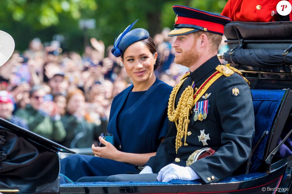 Le prince Harry, duc de Sussex, et Meghan Markle, duchesse de Sussex, première apparition publique de la duchesse depuis la naissance du bébé royal Archie lors de la parade Trooping the Colour 2019, célébrant le 93ème anniversaire de la reine Elisabeth II, au palais de Buckingham, Londres, le 8 juin 2019.