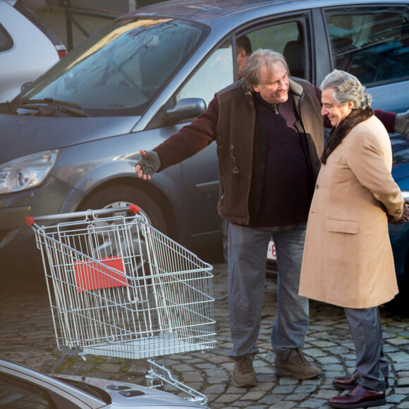 Exclusif - Gérard Depardieu et Christian Clavier - Premier jour de tournage du film "Convoi Exceptionnel". Bruxelles, le 16 février 2018.