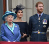 La reine Elisabeth II d'Angleterre, Meghan Markle, duchesse de Sussex (habillée en Dior Haute Couture par Maria Grazia Chiuri), le prince Harry, duc de Sussex - La famille royale d'Angleterre lors de la parade aérienne de la RAF pour le centième anniversaire au palais de Buckingham à Londres.