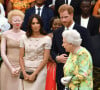 Le prince Harry, duc de Sussex, Meghan Markle, duchesse de Sussex, la reine Elisabeth II d'Angleterre - Personnalités à la cérémonie "Queen's Young Leaders Awards" au palais de Buckingham à Londres le 26 juin 2018.