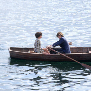 Lady Gaga et Adam Driver voguent sur le lac de Côme pour le tournage du film "House of Gucci". Le 18 mars 2021.