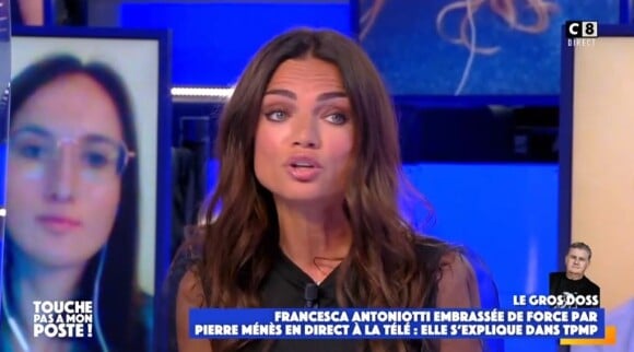 Francesca Antoniotti sur le plateau de "Touche pas à mon poste" pour revenir sur l'affaire du bisou de Pierre Ménès, le 22 mars 2021
