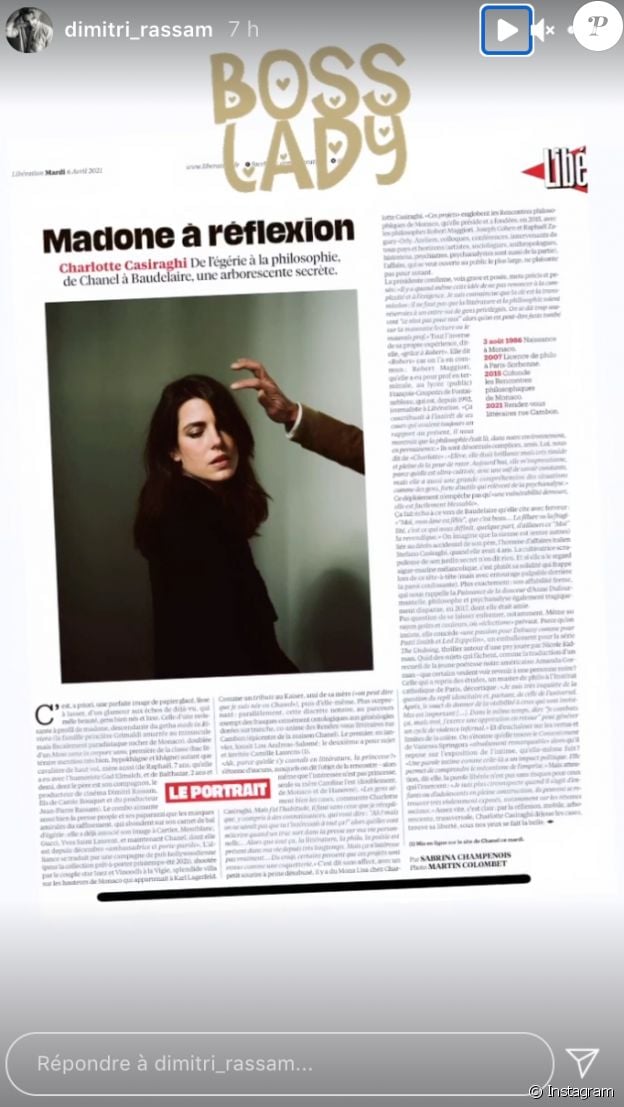 Dimitri Rassam félicite Charlotte Casiraghi pour son portrait dans "Libération".