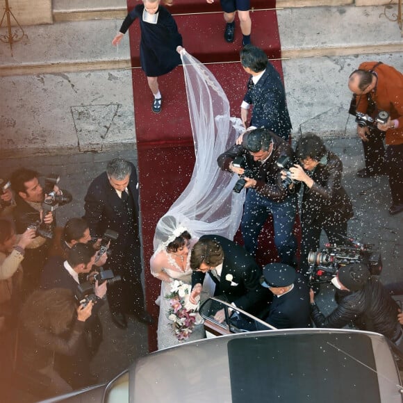 Exclusif - Lady Gaga et Adam Driver tournent la scène du mariage de Patrizia Reggiani et Maurizio Gucci pour le film "House of Gucci". Rome, le 8 avril 2021.