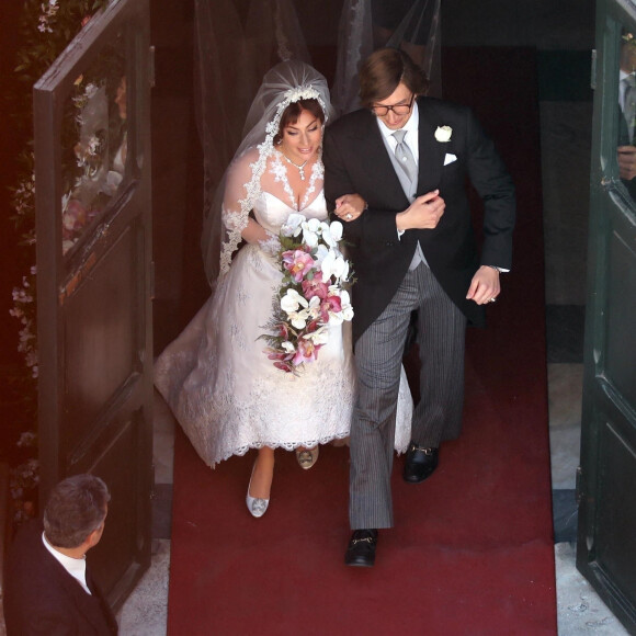 Exclusif - Lady Gaga et Adam Driver tournent la scène du mariage de Patrizia Reggiani et Maurizio Gucci pour le film "House of Gucci". Rome, le 8 avril 2021.