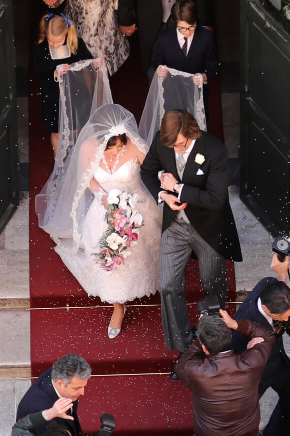 Exclusif - Lady Gaga et Adam Driver tournent la scène du mariage de Patrizia Reggiani et Maurizio Gucci pour le film "House of Gucci". Rome, le 8 avril 2021.