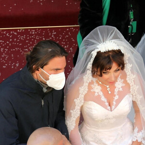 Exclusif - Lady Gaga tourne la scène du mariage de Patrizia Reggiani, son personnage dans le film "House of Gucci". Rome, le 8 avril 2021.
