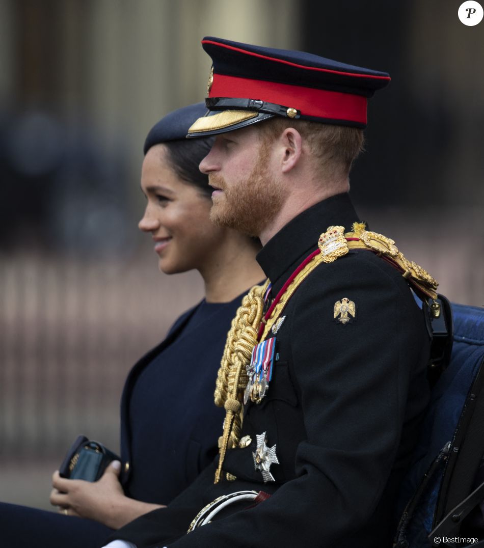 Le prince Harry, duc de Sussex, et Meghan Markle, duchesse de Sussex, première apparition publique de la duchesse depuis la naissance du bébé royal Archie lors de la parade Trooping the Colour 2019, célébrant le 93ème anniversaire de la reine Elisabeth II, au palais de Buckingham, Londres, le 8 juin 2019.