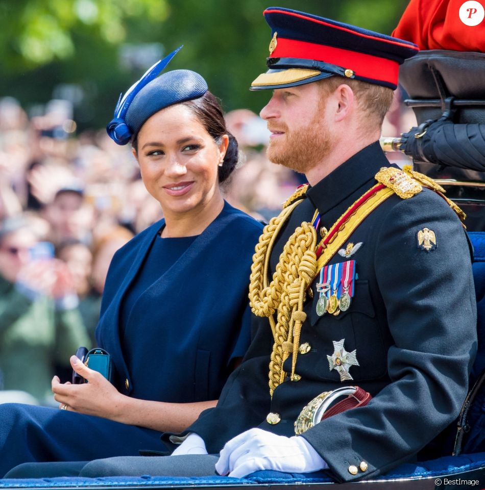Le prince Harry, duc de Sussex, et Meghan Markle, duchesse de Sussex, première apparition publique de la duchesse depuis la naissance du bébé royal Archie lors de la parade Trooping the Colour 2019, célébrant le 93ème anniversaire de la reine Elisabeth II, au palais de Buckingham, Londres, le 8 juin 2019.