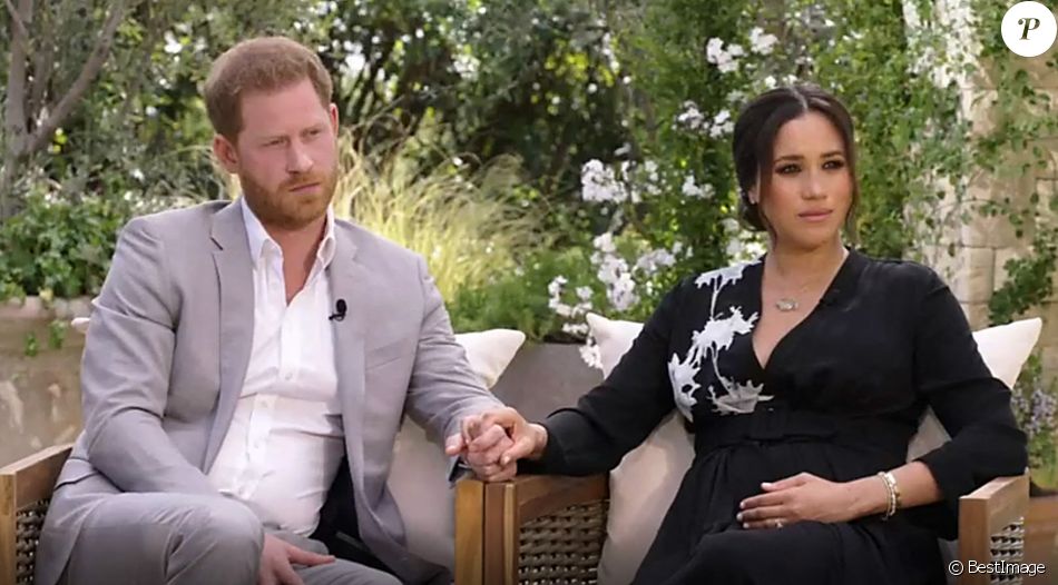 Le prince Harry et Meghan Markle (enceinte) lors de leur interview vérité avec Oprah Winfrey, le 7 mars 2021.