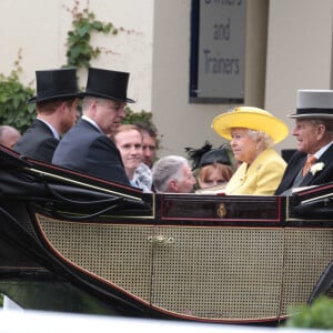 La reine Elisabeth II d'Angleterre, le prince Philip, duc d'Edimbourg, le prince Harry, le prince Andrew, duc d'York - La famille royale d'Angleterre à leur arrivée pour le 1er jour des courses hippiques "Royal Ascot". Le 14 juin 2016