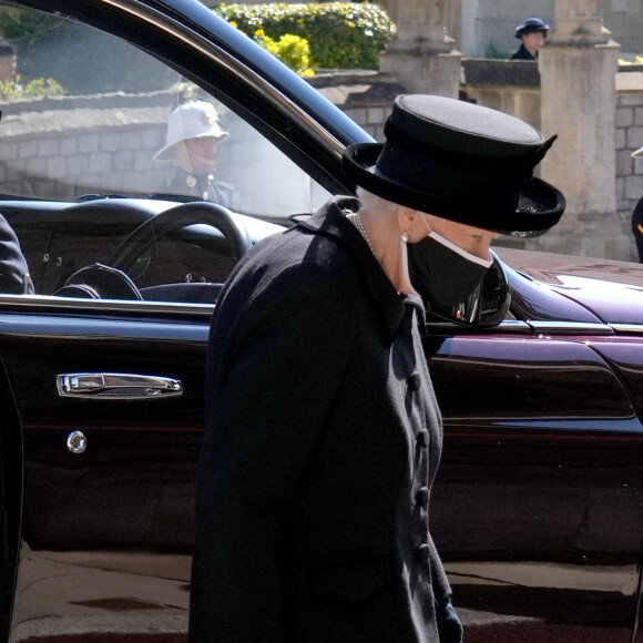 La reine Elizabeth II lors des obsèques du prince Philip en la chapelle Saint-Georges de Windsor le 17 avril 2021. Photo by Jonathan Brady/PA Wire/ABACAPRESS.COM