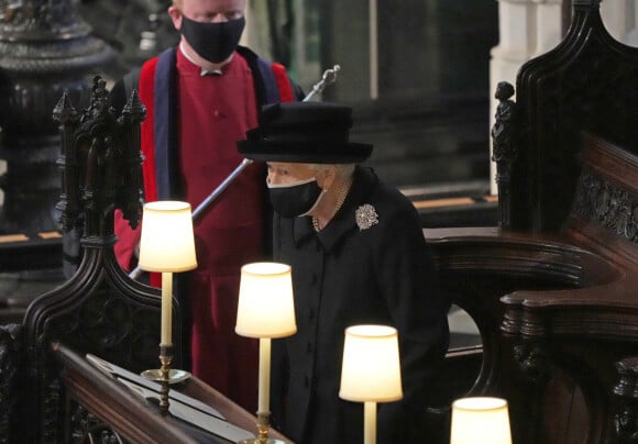 La reine Elisabeth II d'Angleterre - Funérailles du prince Philip, duc d'Edimbourg à la chapelle Saint-Georges du château de Windsor, Royaume Uni, le 17 février 2021. 