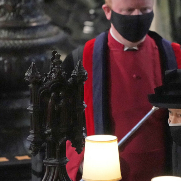 La reine Elisabeth II d'Angleterre - Funérailles du prince Philip, duc d'Edimbourg à la chapelle Saint-Georges du château de Windsor, Royaume Uni, le 17 février 2021. 