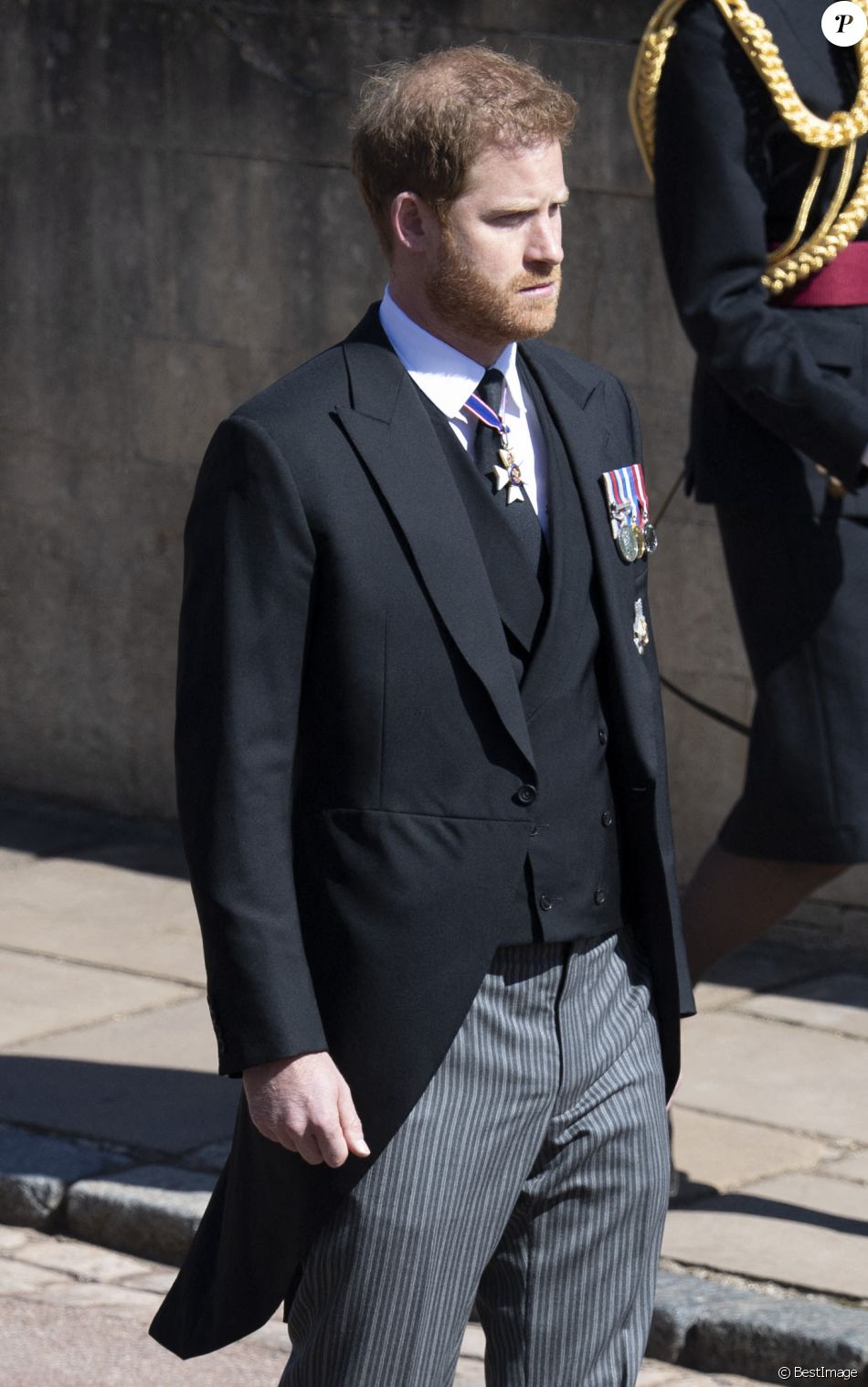 Le prince Harry, duc de Sussex - Arrivées aux funérailles du prince Philip, duc d'Edimbourg à la chapelle Saint-Georges du château de Windsor, le 17 avril 2021.