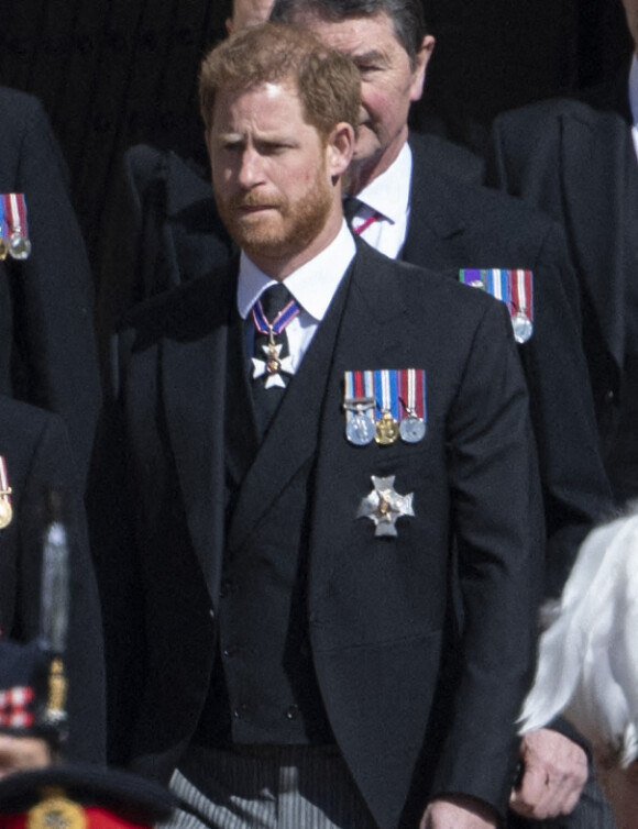 Le prince Harry, duc de Sussex - Arrivées aux funérailles du prince Philip, duc d'Edimbourg à la chapelle Saint-Georges du château de Windsor, le 17 avril 2021. 