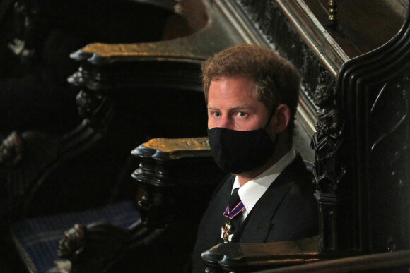 Le prince Harry, duc de Sussex, - Funérailles du prince Philip, duc d'Edimbourg à la chapelle Saint-Georges du château de Windsor, Royaume Uni, le 17 avril 2021. 