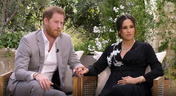 Le prince Harry et Meghan Markle (enceinte) lors de leur interview vérité avec Oprah Winfrey, le 7 mars 2021 sur CBS.