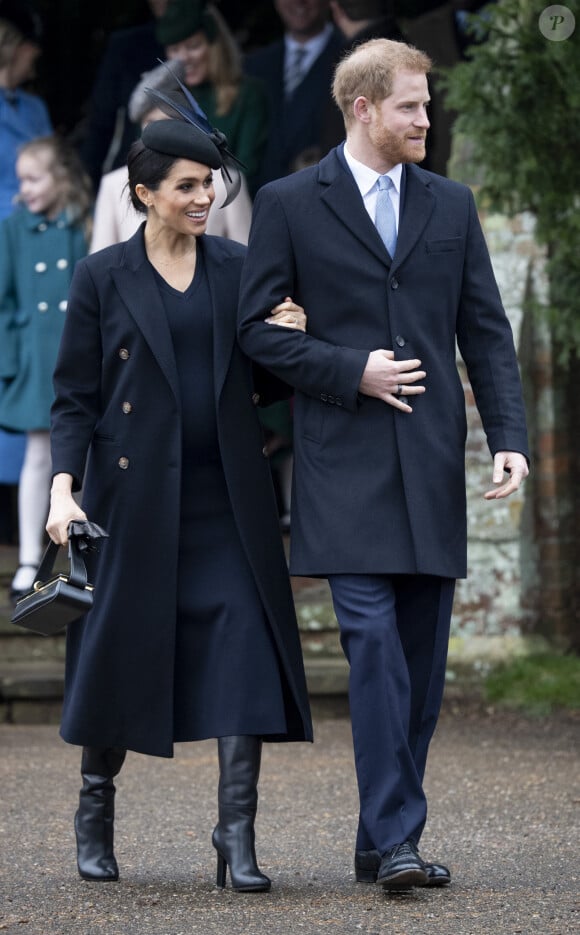 Le prince Harry, duc de Sussex et sa femme Meghan Markle, la duchesse de Sussex (enceinte de son fils Archie) - La famille royale britannique se rend à la messe de Noël à l'église Sainte-Marie-Madeleine à Sandringham, le 25 décembre 2018.