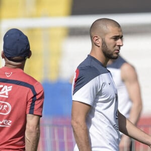 Karim Benzema et Didier Deschamps Entrainement de l equipe de France - Coupe du Monde FIFA - Ribeirao Preto - 02/07/2014