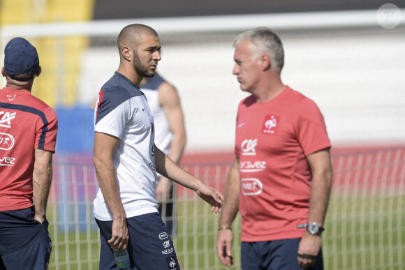 Karim Benzema et Didier Deschamps Entrainement de l equipe de France - Coupe du Monde FIFA - Ribeirao Preto - 02/07/2014