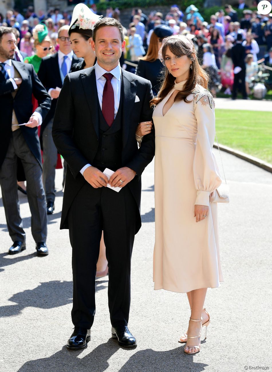 Patrick J. Adams et sa femme Troian Bellisario - Les invités arrivent à la chapelle St. George pour le mariage du prince Harry et de Meghan Markle au château de Windsor, Royaume Uni, le 19 mai 2018.
