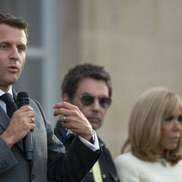 Emmanuel Macron, sa femme Brigitte Macron et Jean-Michel Jarre - Fête de la musique 2021 au palais de l'Elysée à Paris. Le 21 avril 2021. © Eliot Blondet/Pool/Bestimage