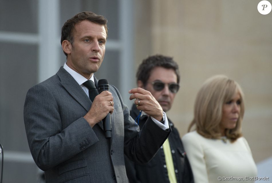 Emmanuel Macron, sa femme Brigitte Macron et Jean-Michel Jarre - Fête de la musique 2021 au palais de l'Elysée à Paris. Le 21 avril 2021. © Eliot Blondet/Pool/Bestimage
