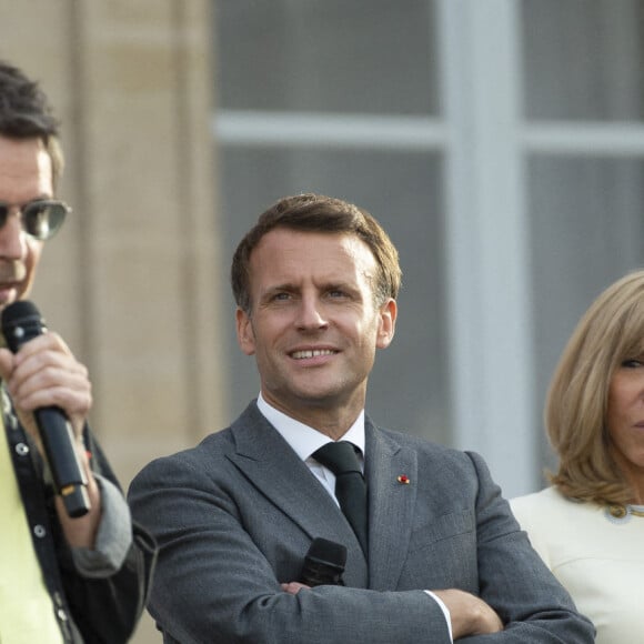 Emmanuel Macron, sa femme Brigitte Macron et Jean-Michel Jarre - Fête de la musique 2021 au palais de l'Elysée à Paris. Le 21 avril 2021. © Eliot Blondet/Pool/Bestimage