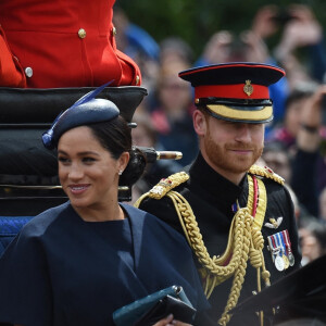 Le prince Harry, duc de Sussex, et Meghan Markle, duchesse de Sussex, première apparition publique de la duchesse depuis la naissance du bébé royal Archie lors de la parade Trooping the Colour 2019, célébrant le 93ème anniversaire de la reine Elisabeth II, au palais de Buckingham, Londres, le 8 juin 2019.