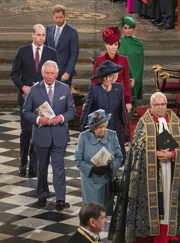 La reine Elisabeth II d'Angeleterre, le prince Charles et Camilla Parker-Bowles duchesse de Cornouailles, le prince William, duc de Cambridge, et Kate Catherine Middleton, duchesse de Cambridge, le prince Harry, duc de Sussex, Meghan Markle, duchesse de Sussex - La famille royale d'Angleterre lors de la cérémonie du Commonwealth en l'abbaye de Westminster à Londres,  le 9 mars 2020.