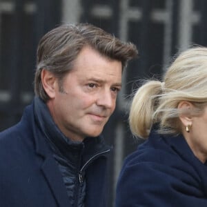 François Baroin et sa compagne Michèle Laroque - Arrivées en l'église Saint-Sulpice pour les obsèques de l'ancien président de la République Jacques Chirac à Paris, le 30 septembre 2019. © Dominique Jacovides / Bestimage