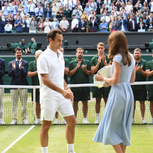 Finale homme du tournoi de Wimbledon "Novak Djokovic - Roger Federer à Londres. Catherine (Kate) Middleton, duchesse de Cambridge, est venue remettre les trophées aux joueurs. Londres, le 14 juillet 2019.