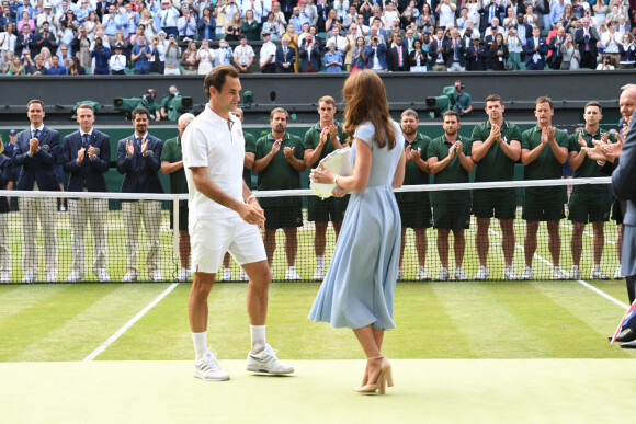 Finale homme du tournoi de Wimbledon "Novak Djokovic - Roger Federer à Londres. Catherine (Kate) Middleton, duchesse de Cambridge, est venue remettre les trophées aux joueurs. Londres, le 14 juillet 2019.