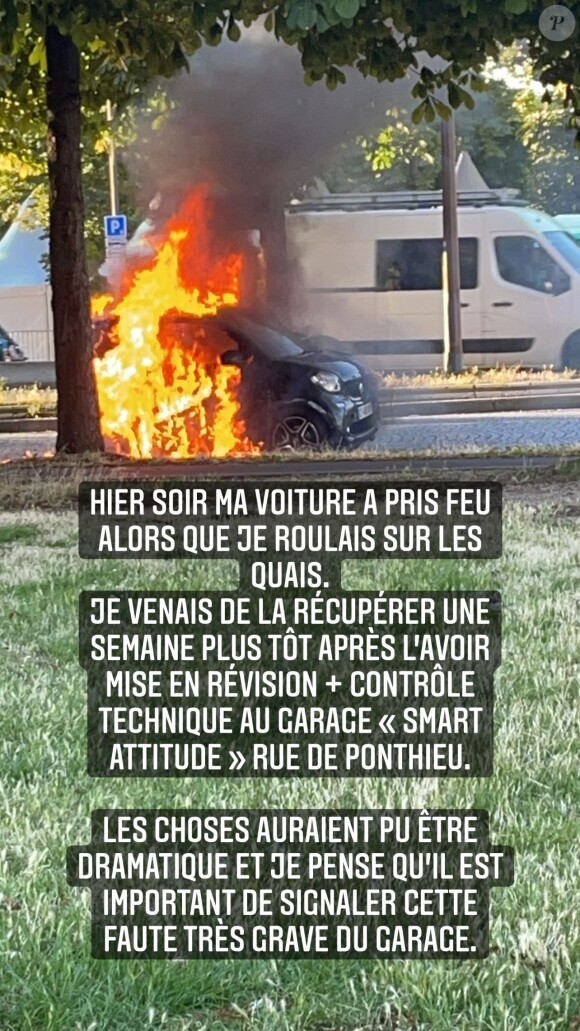 Victoria Monfort, la fille de Nelson Monfort, raconte que sa voiture a pris feu en pleine circulation à Paris, le 8 juillet 2021 sur Instagram.