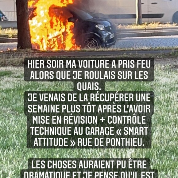 Victoria Monfort, la fille de Nelson Monfort, raconte que sa voiture a pris feu en pleine circulation à Paris, le 8 juillet 2021 sur Instagram.