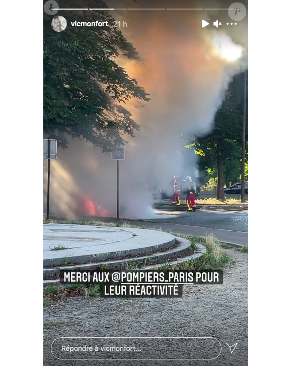 Victoria Monfort, la fille de Nelson Monfort, raconte que sa voiture a pris feu en pleine circulation à Paris, le 8 juillet 2021 sur Instagram.