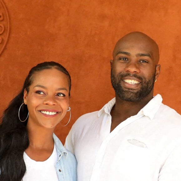 Teddy Riner et sa femme Luthna Plocus au village lors des internationaux de France Roland Garros à Paris le 13 juin 2021. © Dominique Jacovides / Bestimage