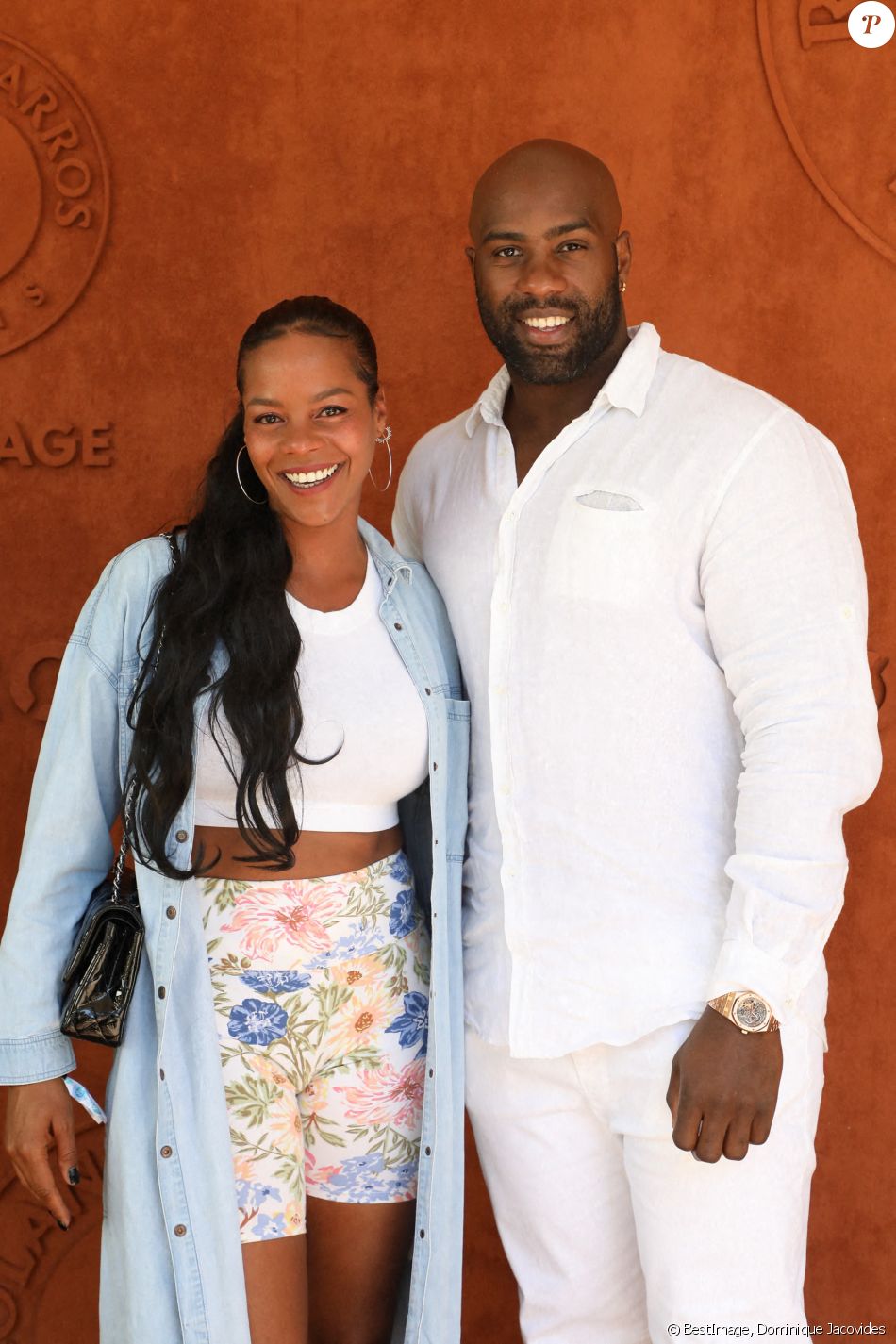 Teddy Riner et sa femme Luthna Plocus au village lors des internationaux de France Roland Garros à Paris le 13 juin 2021. © Dominique Jacovides / Bestimage