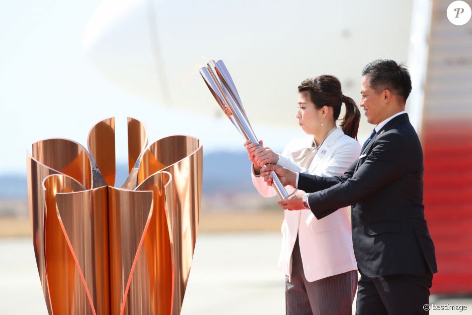 Arrivée de la flamme olympique à Miyagi, Japon pour les Jeux Olympiques Tokyo 2020 malgré l'épidémie de Coronavirus (COVID-19) le 20 mars 2020.