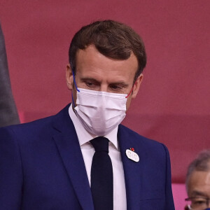Emmanuel Macron, président de la République Française, au côté de Jean-Michel Blanquer, ministre de l'Education Nationale, et Tony Estanguet lors de la cérémonie d'ouverture des Jeux Olympiques de Tokyo 2020, le 23 juillet 2021.