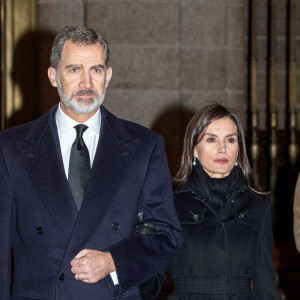 Le roi Felipe VI et la reine Letizia d'Espagne aux obsèques de l'infante Maria del Pilar de Bourbon à Madrid. Le 29 janvier 2020
