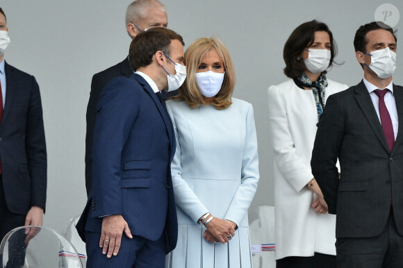 Emmanuel Macron, sa femme Brigitte Macron, et les membres du gouvernement français lors de la cérémonie du 14 juillet sur la place de la Concorde à Paris. Le 14 juillet 2021. © Eliot Blondet/Pool/Bestimage